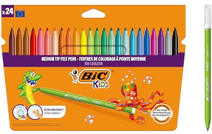 BIC Kids Felt Tip Pens, Kid Colour with Medium Blocked Tip, Vivid Colouring Pens, Washable Markers, Back to School Supplies, 24 Pack