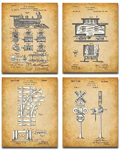 Original Railroad Trains Patent Art Prints - Set of Four Photos (8x10) Unframed - Makes a Great Train Station Decor and Gift Under $20 for Rail Fans