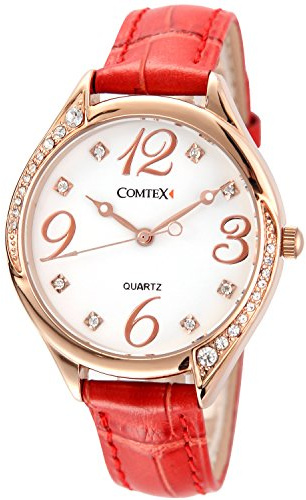 Comtex Damen Armbanduhr Analog Quarz mit Leder Armband Rot