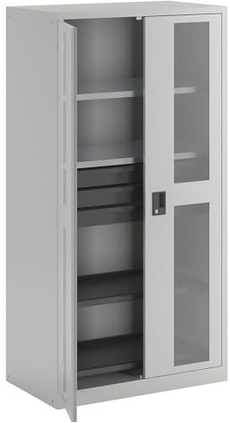 Lista | Sichtfensterschrank | HxBxT 1950 x 1000 x 580 mm | mit 2 Fachböden | 2 Auszugböden und 3 Schubladen | lichtgrau