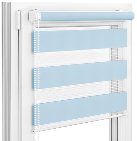 Victoria M. Zevra Doppelrollo Duorollo, Klemmrollo ohne Bohren & mit Bohren für Fenster und Türen, Klemmfix Duo Rollo Fensterrollo Lichtdurchlässige/Verdunkelnde Streifen, 65 x 160 cm, Hellblau