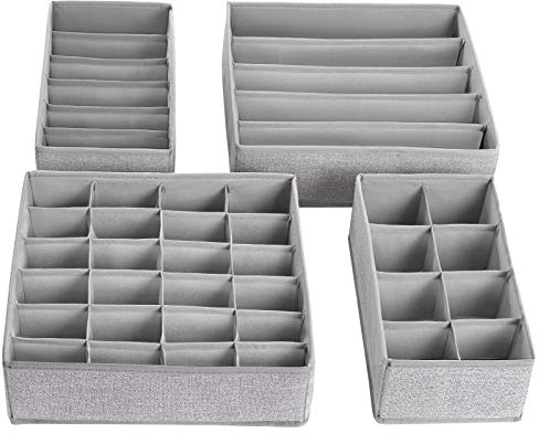 SONGMICS Organizador para Cajones con Compartimentos, Caja de Almacenaje Plegable, Organizador de Armario para Ropa Interior, Calcetines, Set de 4 Piezas, Gris Claro RYUS04W