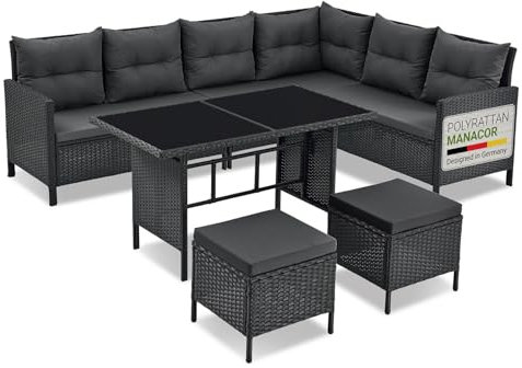 Juskys Polyrattan Lounge Manacor mit Ecksofa, Esstisch, 2 Hocker & Kissen - wetterfest bis 7 Personen - Bezüge waschbar - Rattan Garten Sitzgruppe Gartenlounge Gartenmöbel Set - Schwarz/Grau