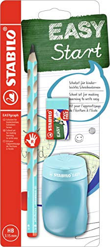 STABILO - Schul-Set für Rechtshänder - EASYgraph in blau - inklusive Spitzer + Radierer