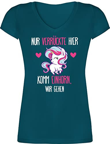 T-Shirt Damen V Ausschnitt - Einhörner - Nur Verrückte Hier - Einhorn wir gehen - L - Türkis - freche Tshirt sprüche Frauen einhörnern einhörn t-Shirts Shirt lustige Unicorns frechen sprüchen
