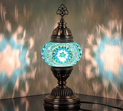DEMMEX Handmade Colorful Mosaic Glass Table Desk Bedside Lamp Lampshade with Antique Brass Base, Small 30cm H (Turquoise)