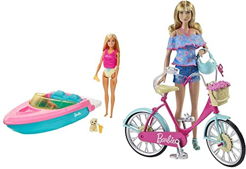 Barbie Con Barco, Muñeca con Bañador Y Barco De Juguete para El Agua, con Mascota Y Accesorios Acuáticos (Mattel Grg30)+ Bicicleta, Accesorios Muñeca (Mattel Dvx55)