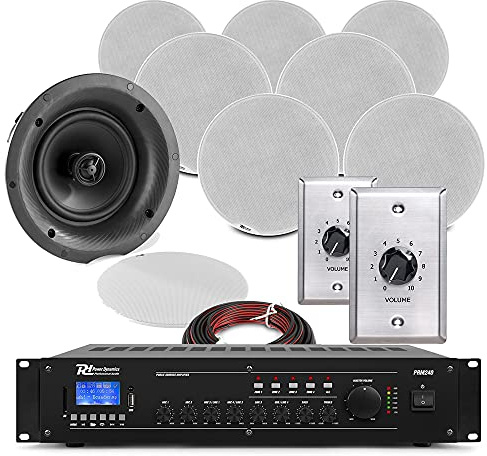 Power Dynamics 2-Zone Commercial Ceiling Speaker System with Bluetooth Amplifier & Volume Control - 8x FCS6 6.5 Pro Speakers for Background Music & PA (240W)