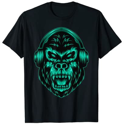 Casque DJ Gorilla vert avec casque dos argenté T-Shirt