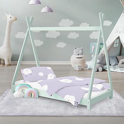 ML-Design Kinderbett Tipi 70 x 140 cm mit Lattenrost, Mint, aus Kiefernholz, Indianer Bett, Hausbett für Mädchen und Jungen, Bodenbett Kinderhaus Jugendbett Holzbett Bettenhaus Spielbett Holz Zelt