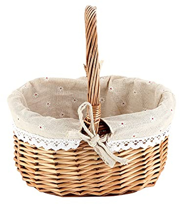Rattan Picknickkorb, Geflochten Einkaufskorb Weidenkorb mit Henkel Baumwolle Stoffbezug Obstkorb Gewebten Aufbewahrungskorb Tragekorb Klein Autokorb Weide Korb zum Einkaufen Henkelkorb,26cmx13cmx28cm