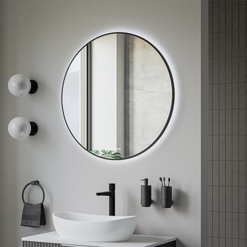 BERNSTEIN® LED Badezimmerspiegel 8232 2.0 rund Leichtmetallrahmen in Schwarz Wandmontage, Warm-/Kaltlichteinstellung Wandspiegel mit Digitaluhr und Spiegelheizung, Spiegel mit Aluminiumrahmen Ø 80cm