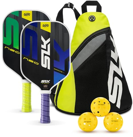 Selkirk Sport SLK Neo Graphite Pickleball Paddles Set of 2 | Designed in The USA | Complete Pickleball Set with 2 Pickle Ball Rackets, 3 Hybrid+ Balls, and SLK Sling Bag | Green & Purple