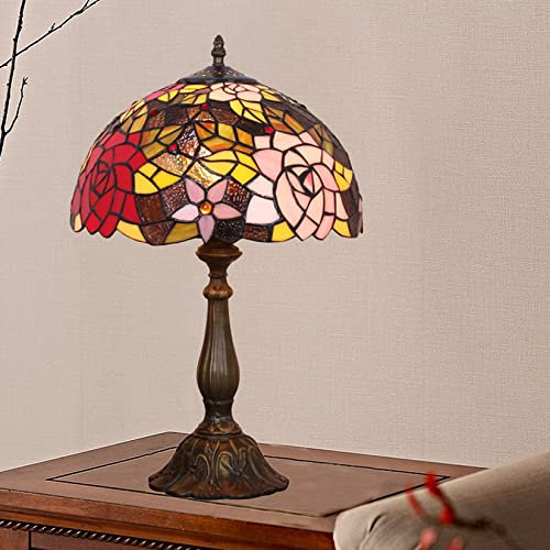 AIBOTY Tischlampe im Tiffany-Stil 12 Zoll breite Buntglas-Schreibtischleuchten Rot & Pink Rose Lampenschirm Leselampe für Schlafzimmer, Wohnzimmer, Café, Bar, Harzbasis