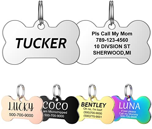 YEHANTI Hundemarke mit Gravur, Hundemarke Personalisiert mit Name, Telefonnummer und Adresse Graviert für Hunde Katzen, Herzform Edelstahl Adressanhänger Marke für Hundehalsband(Knochen)