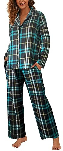 Famulily Frauen Langarm Pyjama Set Plaid Loungewear Sets Button Up Top und Wide Leg Hosen S-XXL