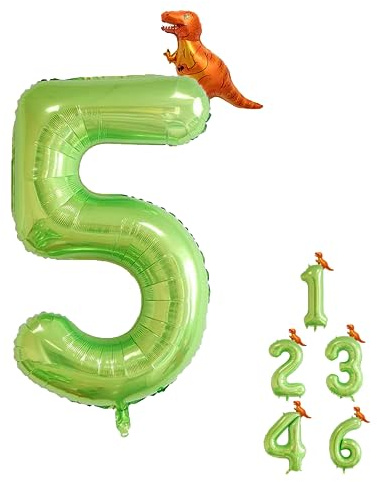 Grün Luftballon 5. Geburtstag, Folienballon 5 mit Dinosaurier, Luftballon 5 | Luftballons 5. Geburtstagsdeko, Zahlen Luftballons Geburtstag 5, Dinosaurier Ballon 5 Geburtstag für Babyparty