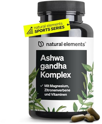 natural elements Ashwagandha Komplex – 600mg pro Tagesdosis – 120 Kapseln – mit KSM-66, Zitronenverbene, Magnesium, Folsäure und Vitamin C, B6 und B12 – hochdosiert & vegan – laborgeprüft