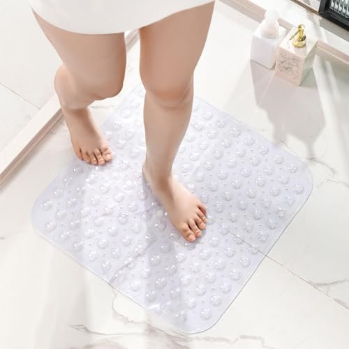 HITSLAM Tapis de Douche Antidérapant, 53x53cm Tapis de Baignoire avec ventouses, Lavable en Machine Tapis de Bain sans BPA, Doux pour Les Pieds, Transparent