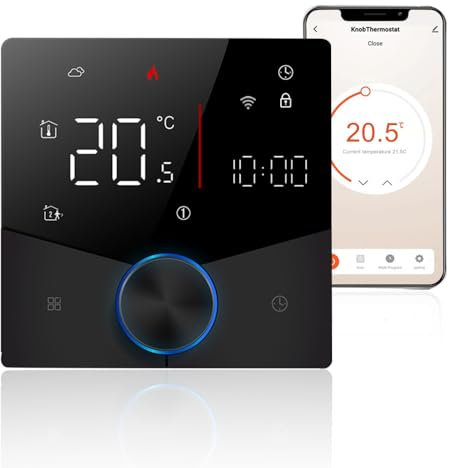 Decdeal WiFi Smart Thermostat Raumthermostat,Fussbodenheizung Wasser,Voice Control,Weekly Programmable Temperature Smart Knob Thermostat mit Dimmable Light Color mit Tmall Genie Amazon Google Home