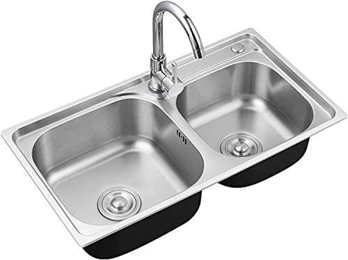 Spüle, Spüle, Doppelbeckenspüle, geeignet als Aufsatz- und Unterbau-Spüle für Küche, Hof, Büro, Bar, große dicke Edelstahlspüle (Farbe: Silber, Größe: 68 x 38 cm)