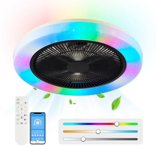 AHXIAOZN RGB Ventilateur Plafond avec Lumiere,50cm Ventilateurs Silencieux Plafond avec Telecommande,Dimmable LED Ventilateur de Plafond pour Salon Chambre(Noir)
