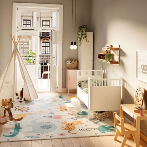 Kids Nursery Rug Safari Theme Multicolour Cute Baby Play Mat Non-Slip Washable White Foldable Crawling Floor Childrens Rugs Water Resistant Jungle Bedroom Cartoon Animals Medium 120cm x 170cm