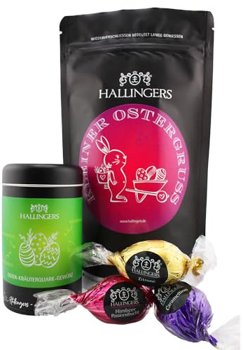 Hallingers Genuss Manufaktur Feinkost Oster-Geschenk-Set - wertig in der Wundertüte Kleiner Ostergr... kleines Osternest Pralinen-Ostereier & Oster-Quark-Gewürz, Ostern Körbchen für Frauen Mädchen