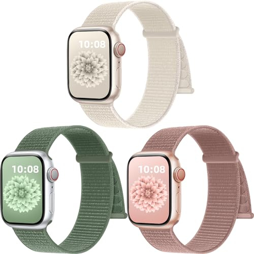 PIOWNN 3-pack nylonremmar kompatibla med Apple Watch, 41 mm, 40 mm, 38 mm,, för kvinnor, män, kardborrebandsfäste, sportslinga, band för iWatch, SE, serie 1–9