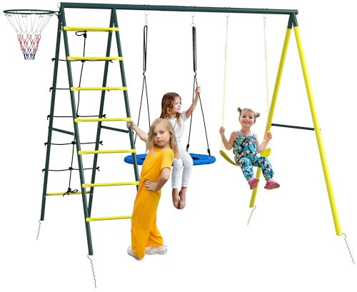 Outsunny Kinderschaukel-Set, 4 in 1 Schaukelgerüst Schaukelgestell mit 2 Schaukeln, Basketballkorb, Kletterleiter, Gartenschaukel für 3-8 Jahre Kinder, Stahl, Gelb