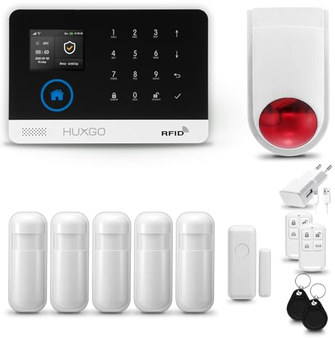 HUXGO® HXA003 Sistema di allarme casa senza fili con radio Sirena esterna WiFi + GSM | Impianto allarme casa kit con 1x sensori di allarme per finestre/portes, 5x rilevatori di movimento