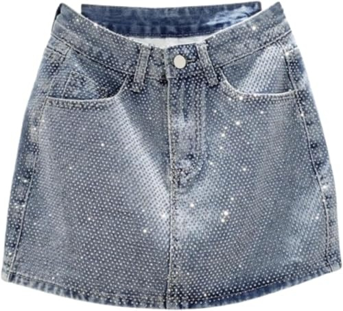 FENXIXIONE Gonna Con Strass Gonna Estetica Gonna Jean Per Le Donne Y2K Mini Gonna Corto Casual Gonna Di Linea (L,Blu)