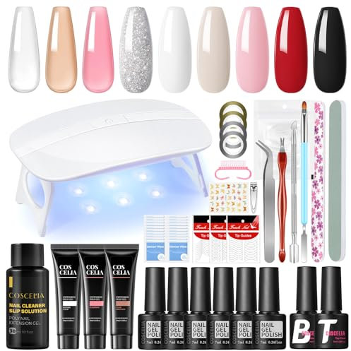 COSCELIA UV Nagellack Set mit UV Lampe - 6 Farben UV Nagellack Set und 3 Farben Poly Nägel Gel Base Coat Top Coat Nagelset Gelnägel Starterset Komplett Nagelstudio Nägel Selber Machen