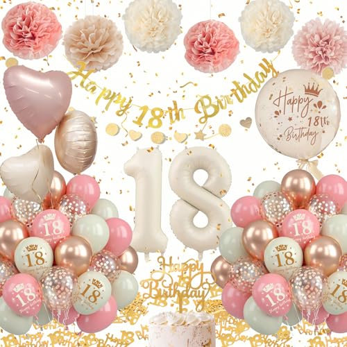 18 Geburtstag Deko Mädchen, 52PCS Retro Rosa 18. Geburtstagsdeko mit Luftballons 18, Happy Birthday Banner, Cake Topper, Konfetti Ballons für 18. Deko Frauen