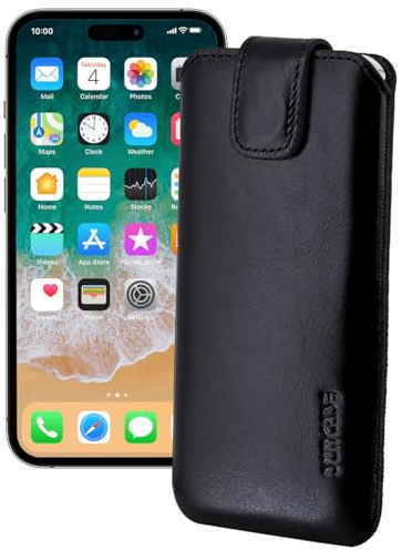 Suncase ECHT Ledertasche Leder Etui *Slim-Edition* kompatibel mit iPhone 16 Pro (6,3 Zoll) Hülle (mit Rückzugsfunktion und Magnetverschluss) in schwarz