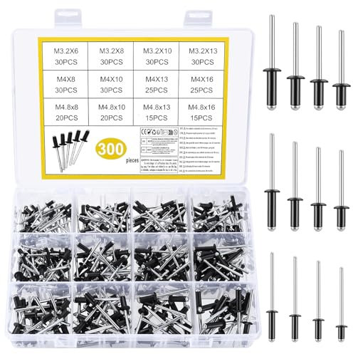 300 Pcs Pop Rivets Assortment, Aluminum Blind Rivets Set, Flange Blind Rivets with Shaft Mandrel, Open End Rivets, Flange Rivets for Metal Wood Plastic - M3.2/M4/M4.8 Pop Rivets Fasteners