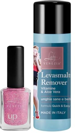Lady Venezia I Smalto Glitter Brillantini + Levasmalto Acetone Unghie | Smalti per Nail Art e Manicure Professionale (Rosa, 12 ml)