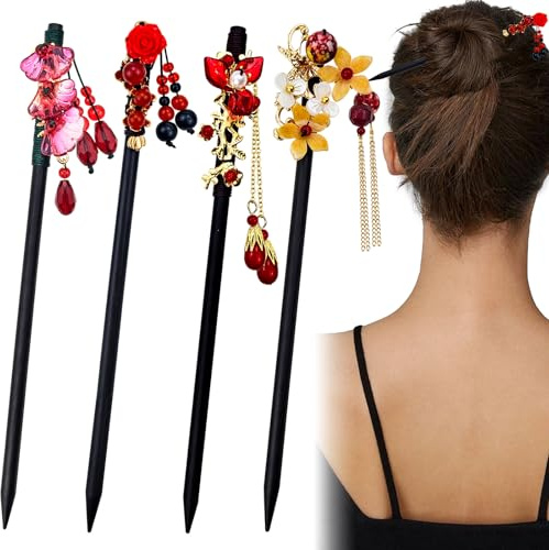 4 palillos para el pelo para mujer, palillos chinos clásicos de madera, palillos japoneses para el pelo