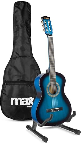 MAX SoloArt Junior 3/4 guitarra clásica infantil con soporte MAX GP20, cuerdas de nailon, funda mochila, afinador digital, correa, púas, cuerdas extra, para niños de 8 a 12 años