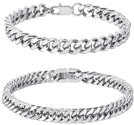 Jesustree Herren Edelstahl Panzerkette Armband - 2 Stück Elegante Hip Hop Rapper Armkette - Schwere Glieder Cuban Link - Perfekte Geschenke für Papa, Sohn, Bruder, Ehemann - 21cm