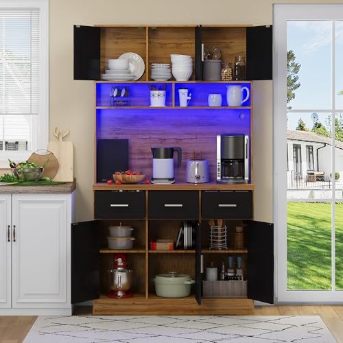 LAKFEW Alacena de Cocina con Enchufe y Iluminación LED, Armario Cocina con 6 Puertas y 3 Cajones, Alacena Cocina con Estantes Ajustables y Dispositivo Antivuelco, 100x40x180 cm, Natural+Negro
