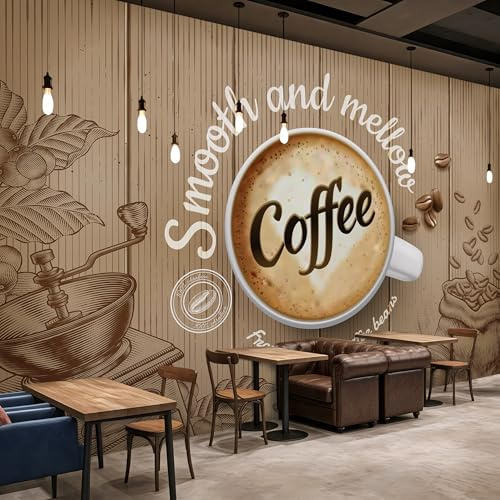 PaxGloz Fototapete Kaffee Holzoptik Tapete Café Stil Kaffeetasse Kaffeebohnen Handmühle Tapeten Vliestapete Modern Wandtapete Wohnzimmer Schlafzimmer Wanddeko Motivtapeten 200 x 140 cm (B x H)