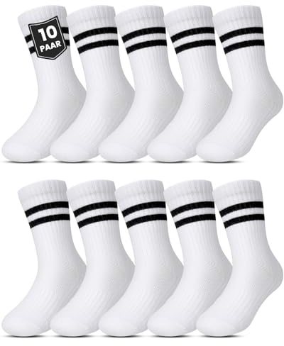 Kyopp 5/10 par strumpor för barn, pojkar och flickor, ankelstrumpor, ventilerande sneakers, randiga besättningsstrumpor, Vit-10 par, 33-37