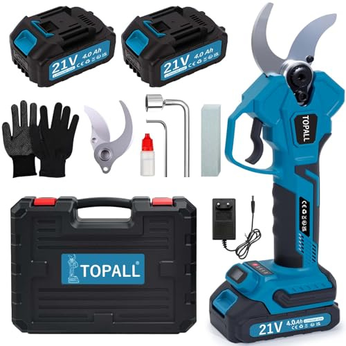 TOPALL Tijeras de Podar Electricas, 40MM Tijeras de Podar Bateria, Profesionales Podadora Electrica con 2x4000mAh | 800W Motor Sin Escobillas | Pantalla LCD para Árboles,Huertos,Jardinería
