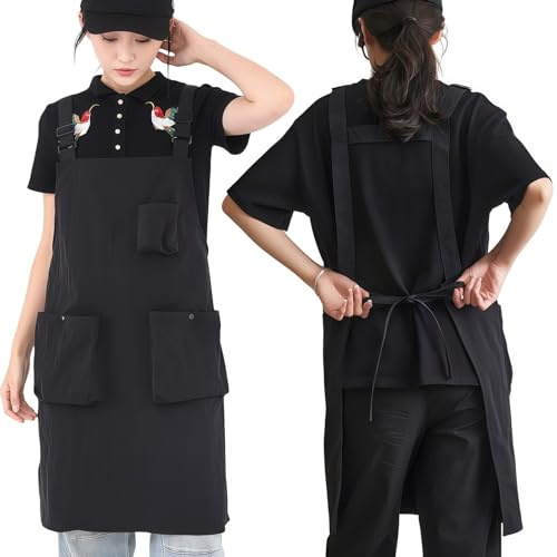 DUOYIJIN Chefs Cooking Aprons with 3 Pockets for Women Men Waterproof H-back Aprons for Home Kitchens Restaurants Solid Color Cafes Work Teaching Waiter Apron with Adjustable Strap, Black