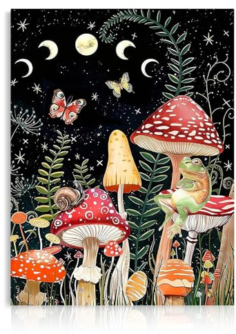 Dazzlewall Whimsical Pilz und Frosch Wandkunst, Lebendige Himmelskörper Mondphasen & Schmetterling Wandbilder, Fantasy Natur Wanddeko für Schlafzimmer Wohnzimmer Ohne Rahmen 30x40 cm