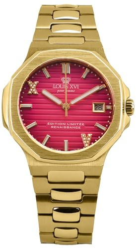 LOUIS XVI Renaissance Femme 6101 - Ø 35 mm - Damen Uhr - Wasserdicht - Armband Gold - Zifferblatt Dark Pink mit Diamanten - Schweizer Quarzwerk