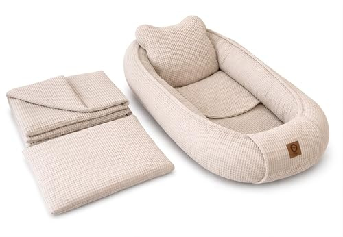 Babynestchen Neugeborene – 5-teiliges Baby Set mit Babynest aus Waffelpique Baumwolle – Nestchen Baby für Babybett & Kinderbett – Babykokon Tragbar – OEKO-TEX zertifiziert – Zubehör Babybett - Sand