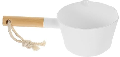 FRCOLOR Bathroom Bailer Wooden Long Handle Water Ladle White Plastic Wood Simple Appearance Fashion Natural Easy to Clean Stands up When Not in Use for Garden and Sauna