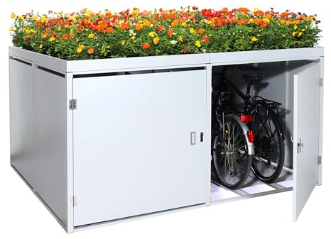 PROREGAL 4er-Fahrradgarage mit Pflanzkasten | HxBxT 126x220x210cm | abschließbar verzinkter Stahl | Hellgrau | Fahrradbox